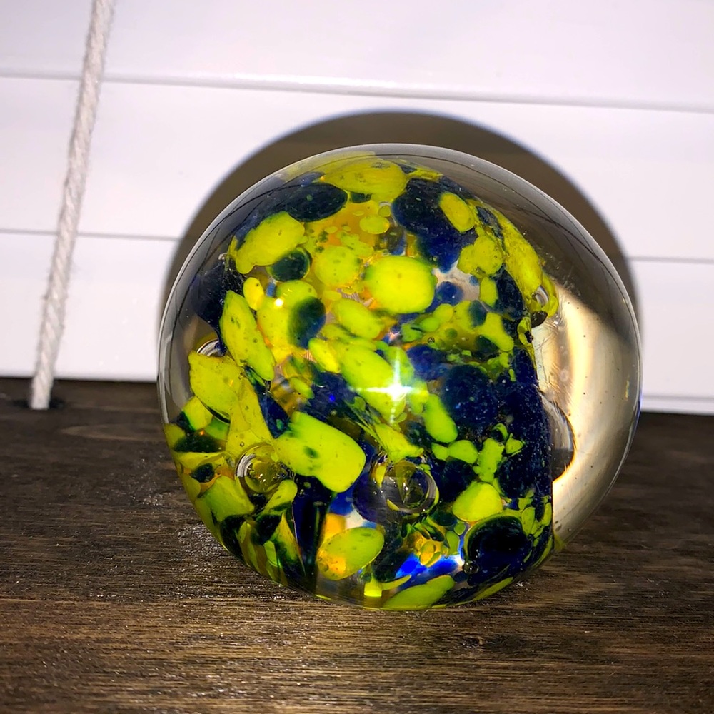 Blue and yellow drop heavy glass art piece
